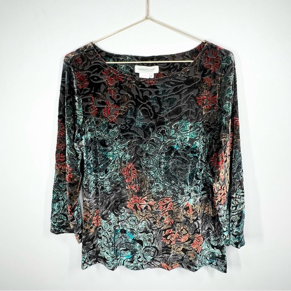 Coldwater Creek Velvet Burnout Floral Whimsy Blouse Medium
